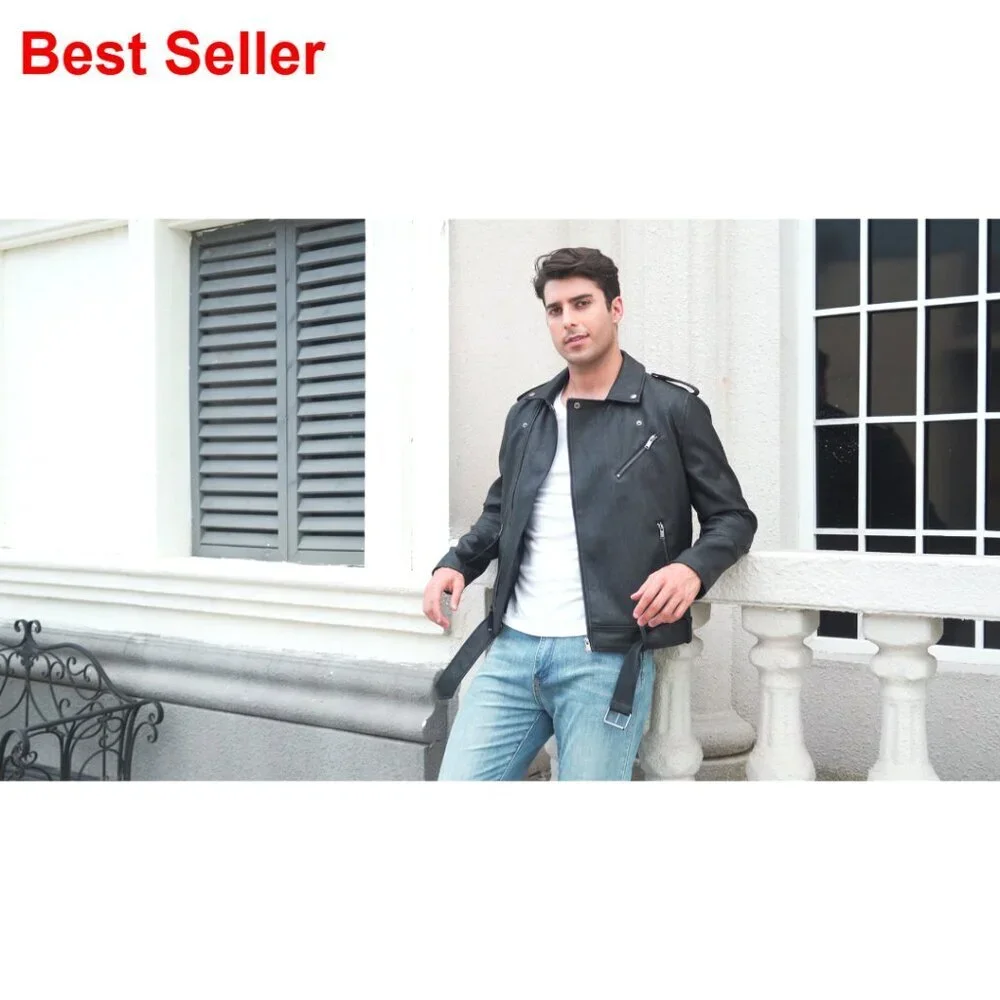 Faux Leather Bomber Jacket, Slim Fit Biker Coat with Belt